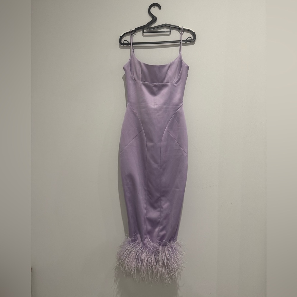 Elegant House of CB Lavender Slip Dress with Feather Hem